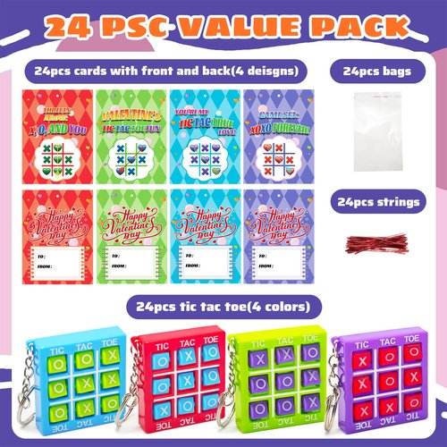 24 Pack Valentines Day Gifts Cards for Kids with Tic Tac Toe Game Keychains, Valentines Days Keychains for School Classroom Exchange Prizes, Valentine’s Exchange Greeting Cards for Boys Girls