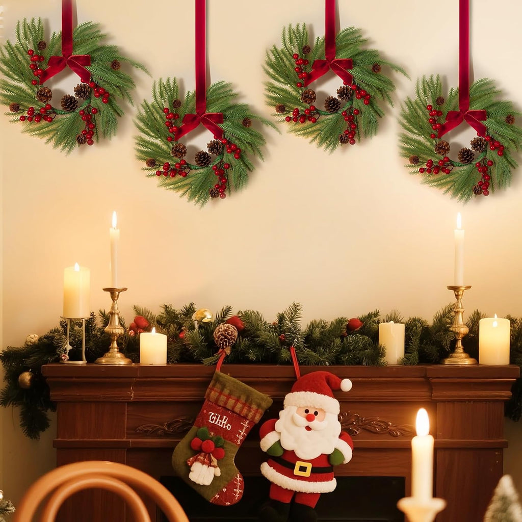 Skiennix Mini Christmas Wreaths - 15" Norfolk Pine Decor with Red Ribbon & Pine Cones | Set of 4