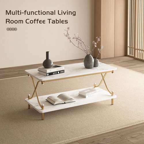 VECELO Coffee Table for Living Room with Round Corners Modern Farmhouse Center Table with Storage Shelf for Home Office 39 Inch, Easy Assembly, Light Gold