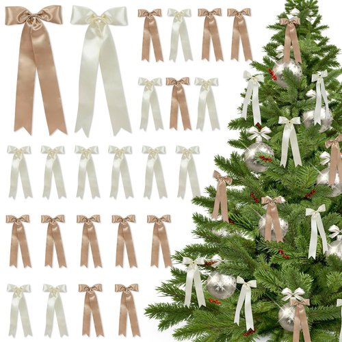 24 Pcs Christmas Tree Bows Decorations - Satin Ribbon Bows for Wreath, Tree Topper, Ornaments, Garland, Home, Staircase, Fireplace Decor