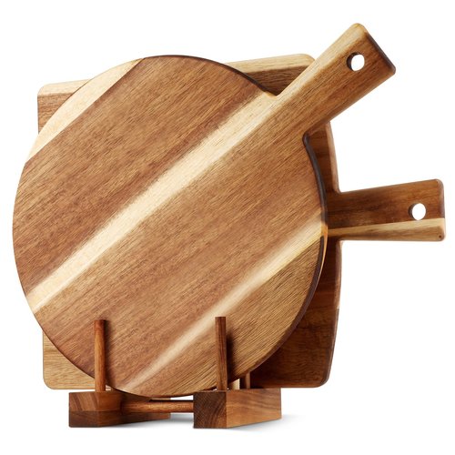 2 Pack Acacia Wood Cutting Board with Stand, Charcuterie Boards for Kitchen, Round & Rectangular Wooden Cutting Board Set for Cheese, Meat, Pizza, Vegetables, Bread(16 x 12 Inch)