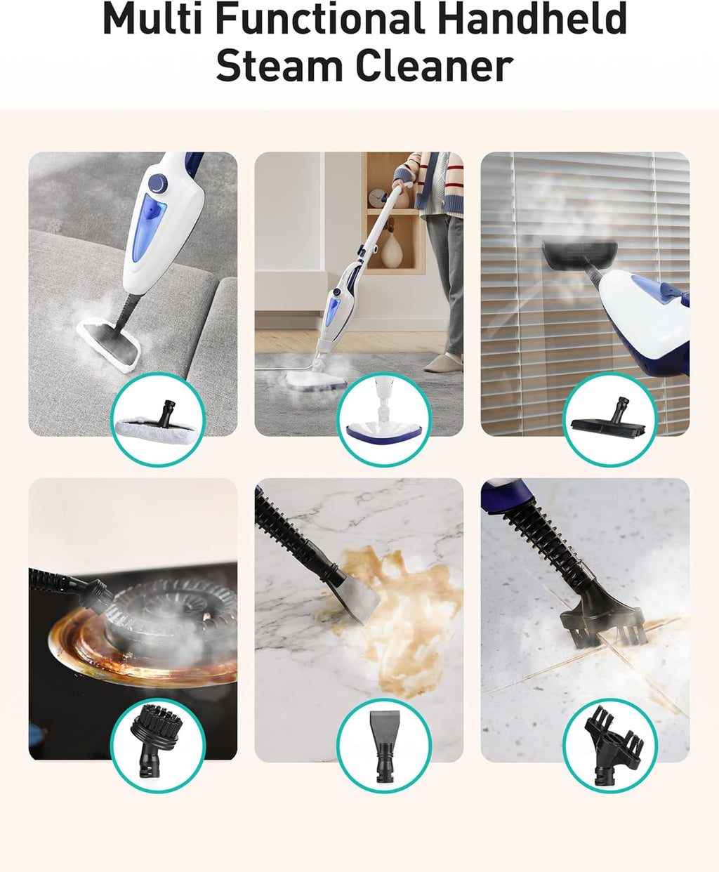 Skiennix 12-in-1 Steam Mop - Fast 15-Sec Heat-Up, 1500W Handheld Cleaner with 2 Dirt Grip Pads | Removes 99.99% Stains for Hardwood, Windows, Tiles, and More - White