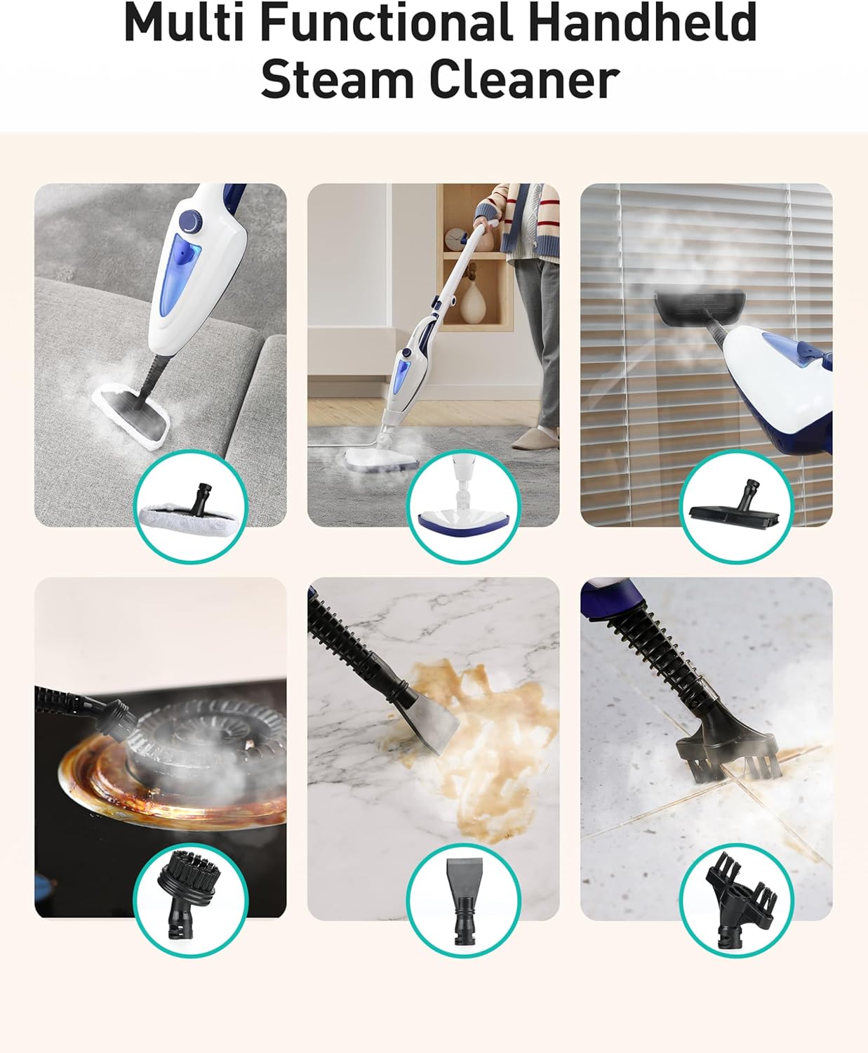 Skiennix 12-in-1 Steam Mop - Fast 15-Sec Heat-Up, 1500W Handheld Cleaner with 2 Dirt Grip Pads | Removes 99.99% Stains for Hardwood, Windows, Tiles, and More - White