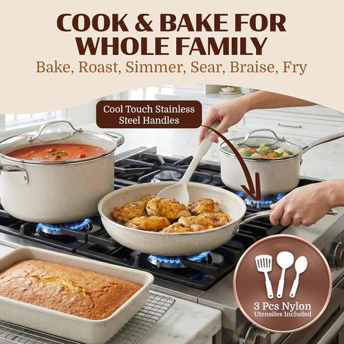 Granitestone Ceraluxe 20-Piece Nonstick Ceramic Cookware Set - Complete Kitchen Pots, Pans, & Bakeware