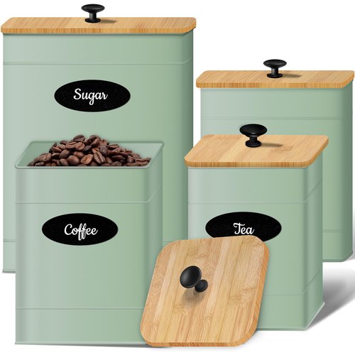 Canisters Sets for the Kitchen Set of 4, Metal Sugar Flour Coffee Storage Containers for Countertop with Airtight Lids, Customizable Chalkboard Labels & Marker Pen, Storage Jars Canisters - Sage Green