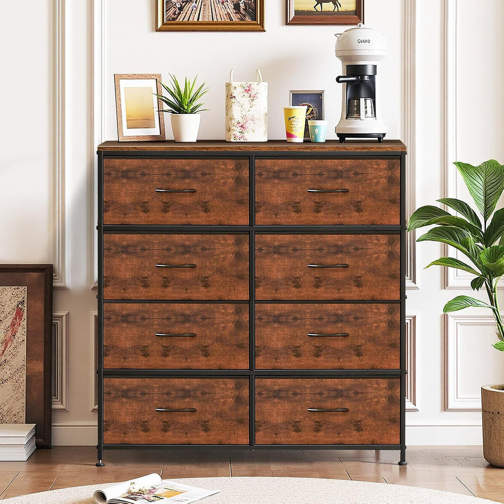 Regine Switzerland 8-Drawer Dresser - Anti-Tip Tall Storage Organizer with Wooden Top & Metal Frame - Brown