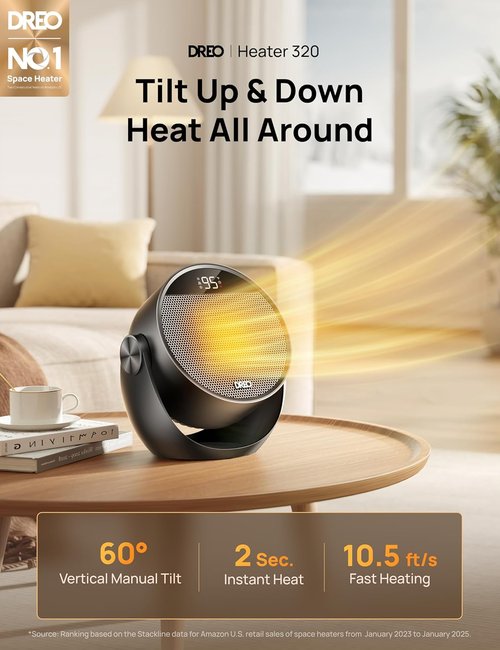 DREO 1500W Space Heater - Adjustable 60° Tilt, Portable Electric Heater with Remote & 8 Safety Features | Quiet for Bedroom & Office, Black