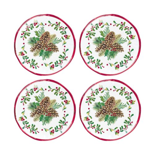 UPware 16 Piece Pinecones Melamine Dinnerware Sets, Outdoor Dishes Set, Plates and Bowls Sets, Christmas Decorations, Service for 4, Red