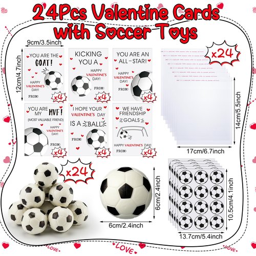 Soulchen 24 Pack Soccer Valentines Day Cards Gifts with Mini Soccer Ball and Stickers for Classroom Valentines Exchange Cards Party Favor Prizes Stress Gifts Set