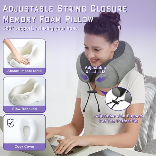 Phent zari Neck Travel Pillow, Upgraded Memory Foam Pillow for Airplane, Machine Washable, Adjustable Flight Pillow, Suitable for Sleeping Airplane, Car, Office and Home (Grey)
