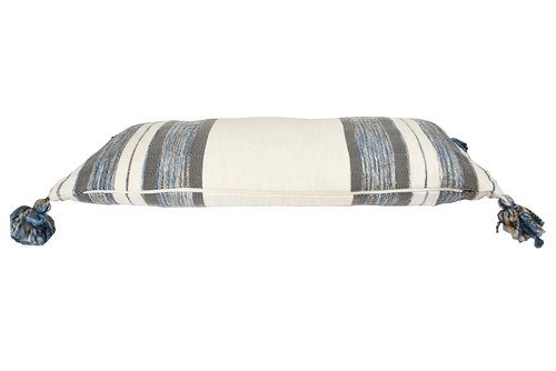 Blue, Grey & Cream Striped Cotton Blend Lumbar Pillow with Tassels