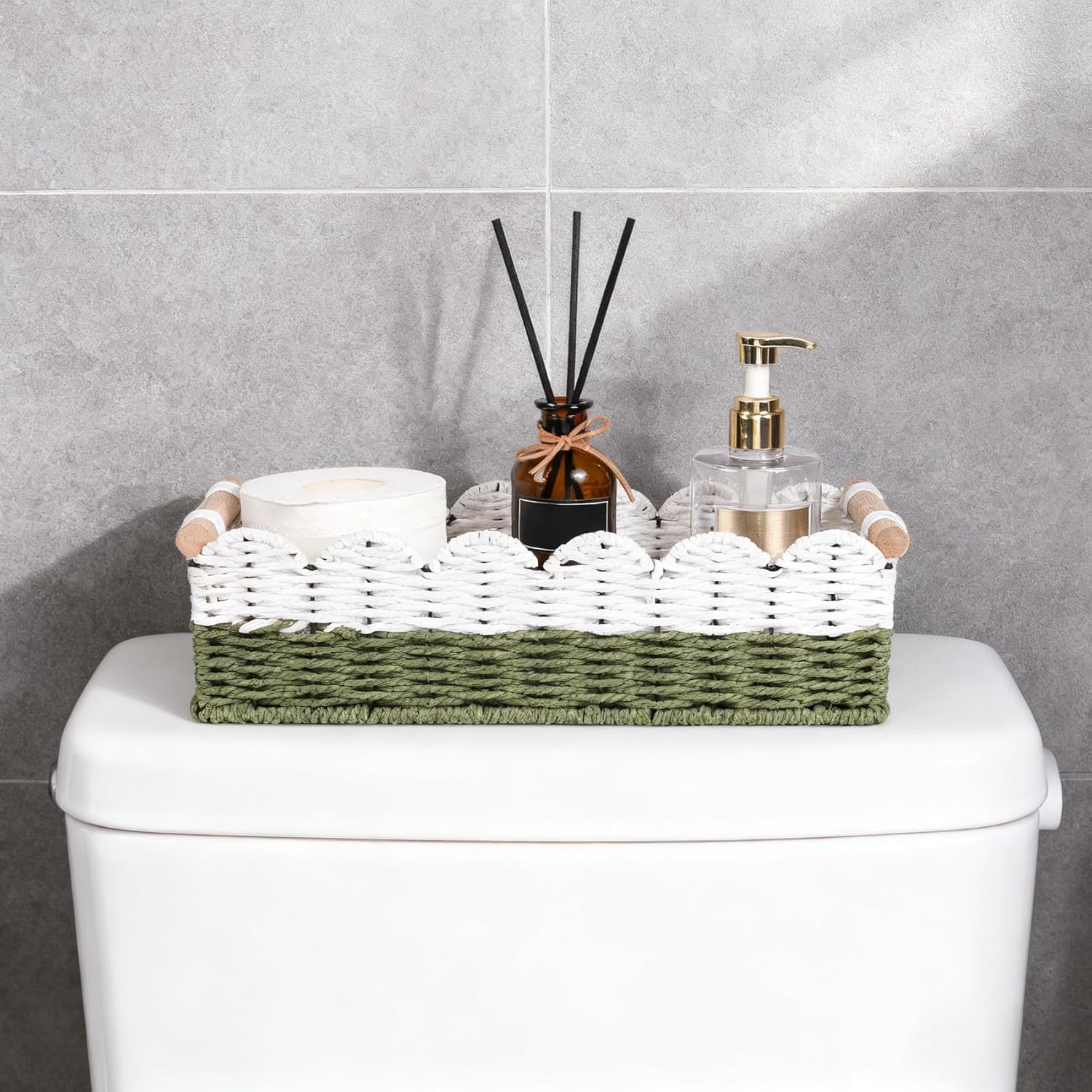 Regine Switzerland Scalloped Edge Toilet Paper Storage Basket - Handwoven Paper Rope for Stylish Bathroom Decor | Includes 2 Wooden Handles