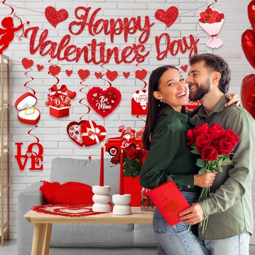 Valentines Day Decorations, Valentine Day Party Supplies includes Happy Valentine‘s Banner Red Heart Pendant Heart Chocolate Hanging Swirls, Love Decorations for Home Office Wedding Anniversary