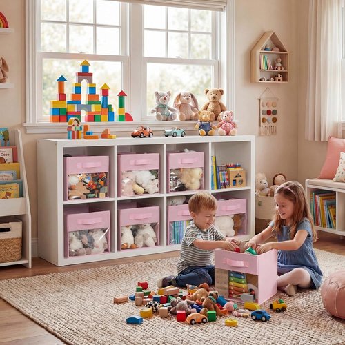Granny Says Cube Storage Bins - 11 Inch Collapsible Fabric Organizers with Clear Window - Pink 6-Pack