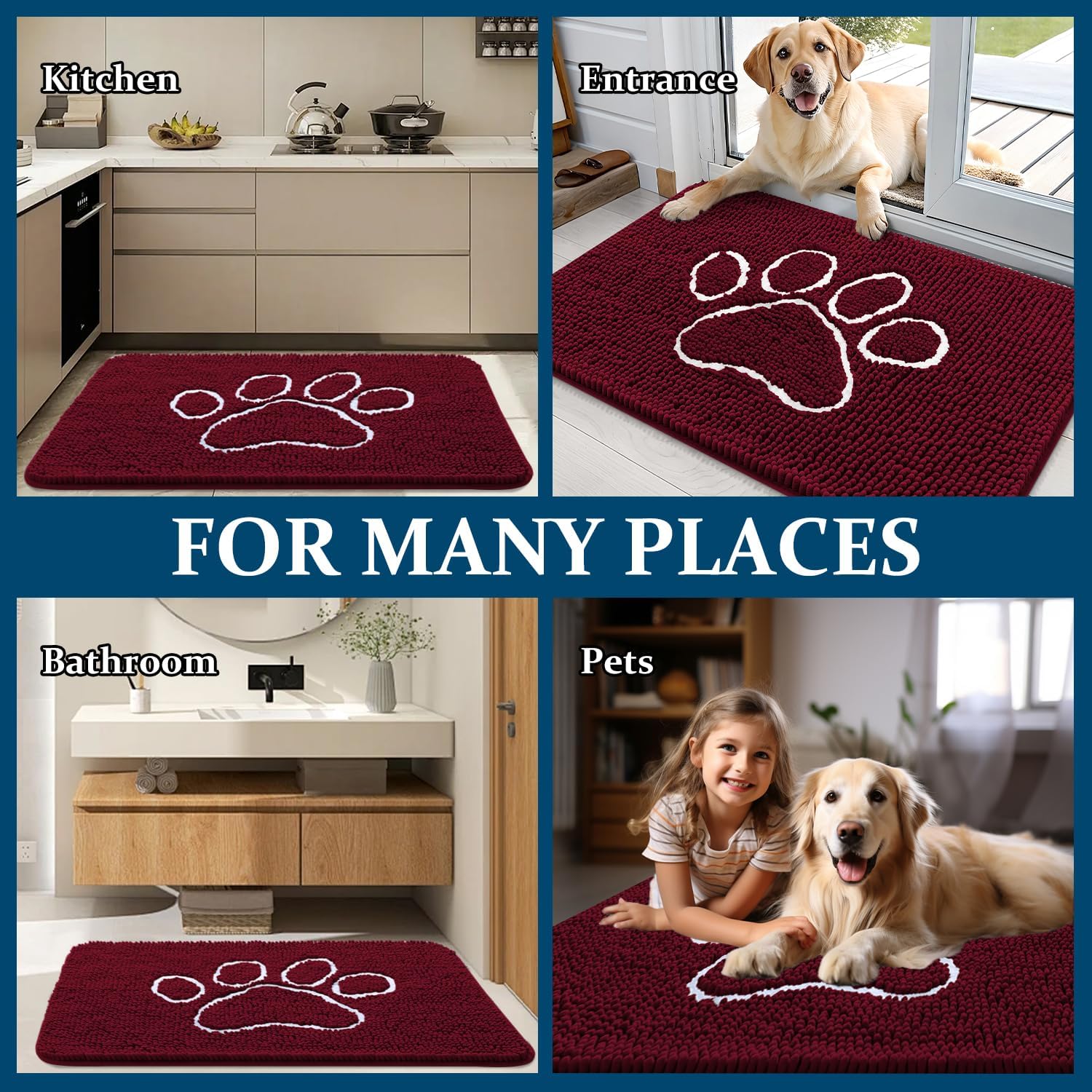 OLANLY Dog Door Mat - Absorbent Non-Slip Mud Mat for Muddy Paws | 36x24 Paw Print Design in Burgundy