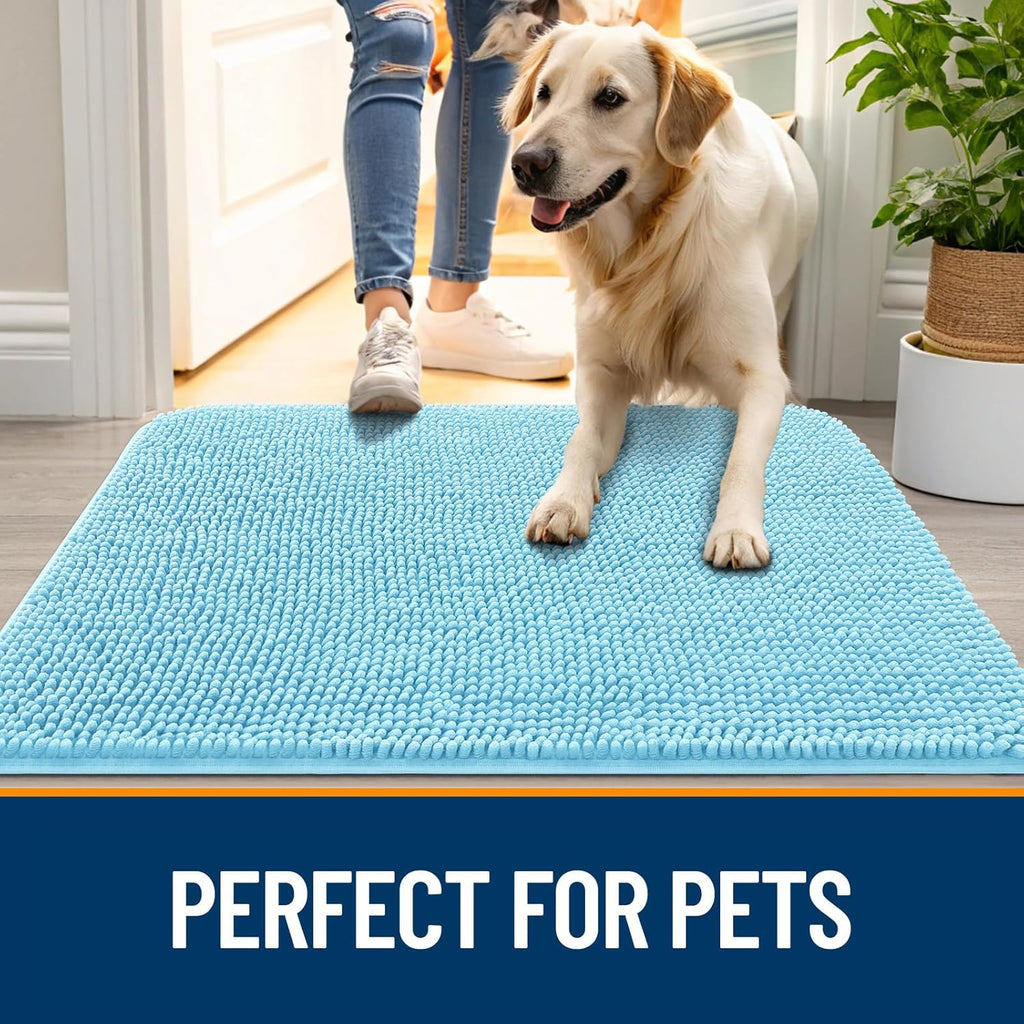 OLANLY Dog Door Mat - Absorbent Non-Slip Washable Doormat for Muddy Paws | 47x20, Quick Dry Chenille, Blue