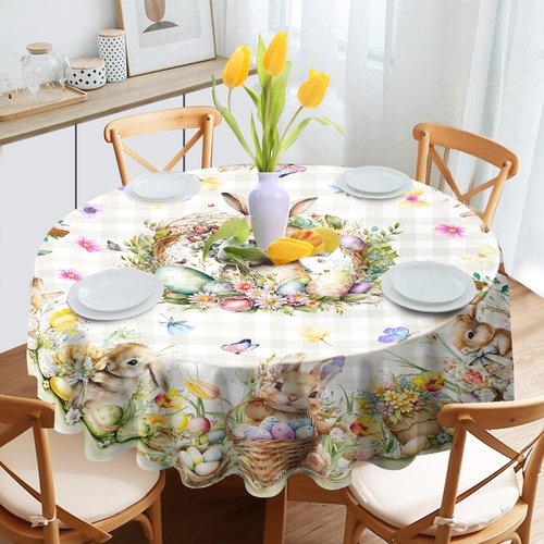 Unibyby Easter Tablecloth 60 x 84 Inch Rectangle, Easter Bunny Table Cloth Buffalo Check Plaid Kitchen Table Cover for Dining Room Spring Oblong Tablecloth Indoor Decor
