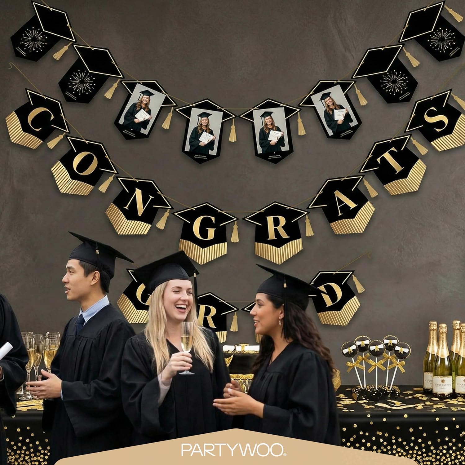 PartyWoo Graduation Decorations - Class of 2026 Black & Gold Banner Set for High School & College Celebrations