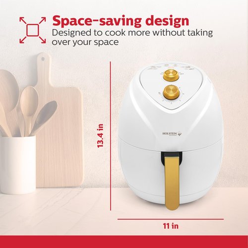 Holstein Housewares 4.8QT Air Fryer Golden Elegance. Hot Air Technology & PFOA Free Non Stick Coating for Less Oil Use with Led Display. No Pre Heating, Fry, Bake, Grill and Roast. White & Gold