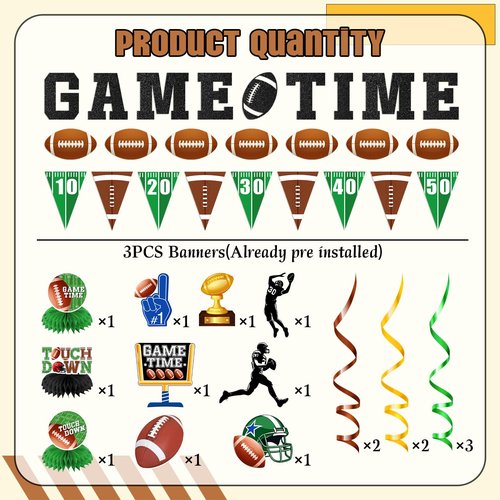 20Pcs Football Party Decorations Kit | Game Time Football Garland Banner Hanging Swirl Touch Down Honeycomb Centerpiece | Birthday & Tailgate Party Supplies