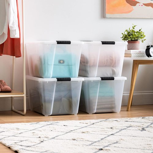 IRIS USA 54 Qt Stackable Plastic Storage Bins - BPA-Free, Durable Lids, Clear Organizing Solution | 4 Pack