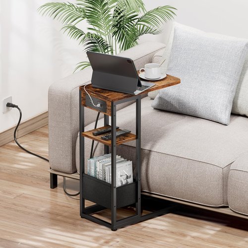 C Shaped End Table with Charging Station, Small Side Table for Couch Recliner, Slide Under Sofa Desk Snack Tables with Storage Bag & AC / USB Outlet, Small Spaces Drink Tables for Living Room, Bedroom