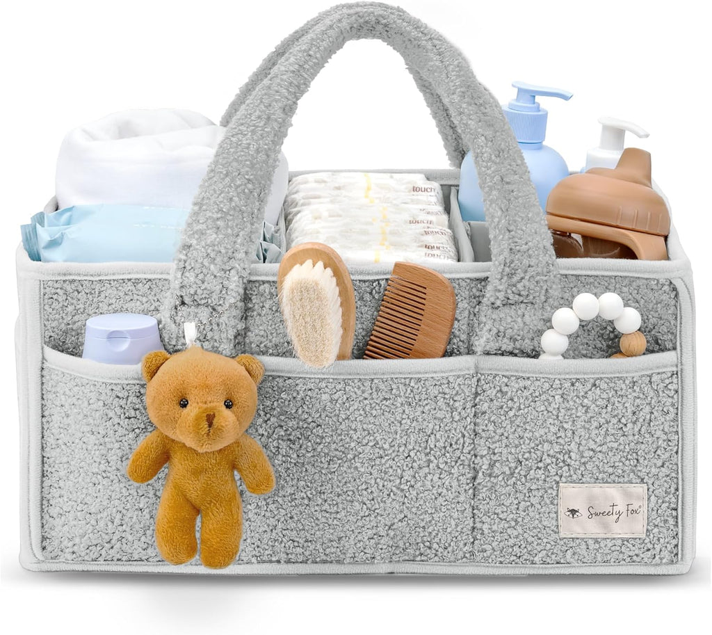 Sweety Fox Baby Diaper Caddy Organizer - Portable Sherpa Nursery Basket | Grey Car Diaper Organizer & Gift