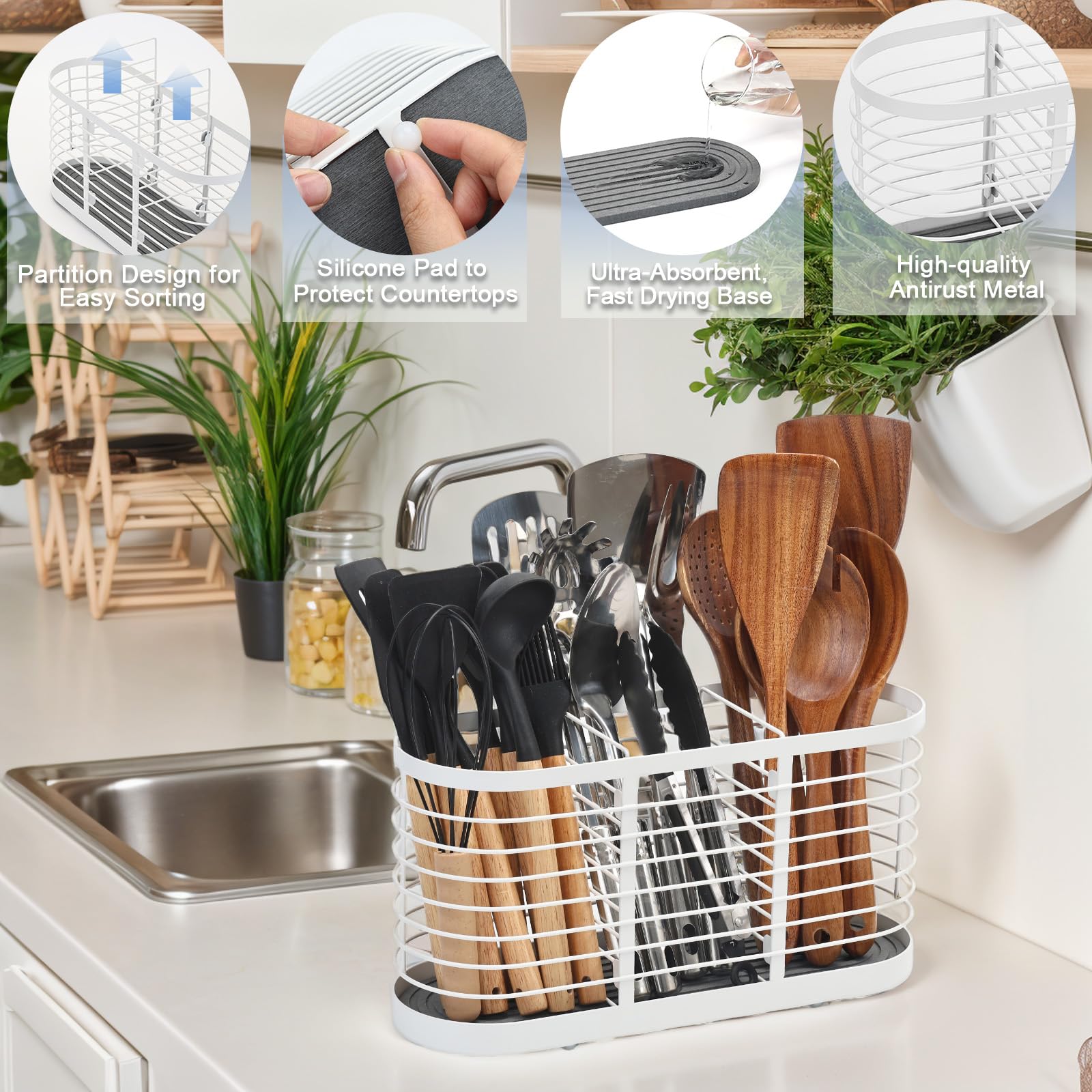 usewry Large Utensil Holder for Kitchen Counter - Cooking Utensil Holder Organizer with Diatomaceous Earth Base - Prevents Water Buildup and Dries Instantly, Kitchen Holder for Cooking Utensils