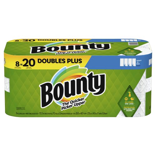 Bounty Select-A-Size Paper Towels, 8 Double Plus Rolls White, 113 Sheets Per Roll