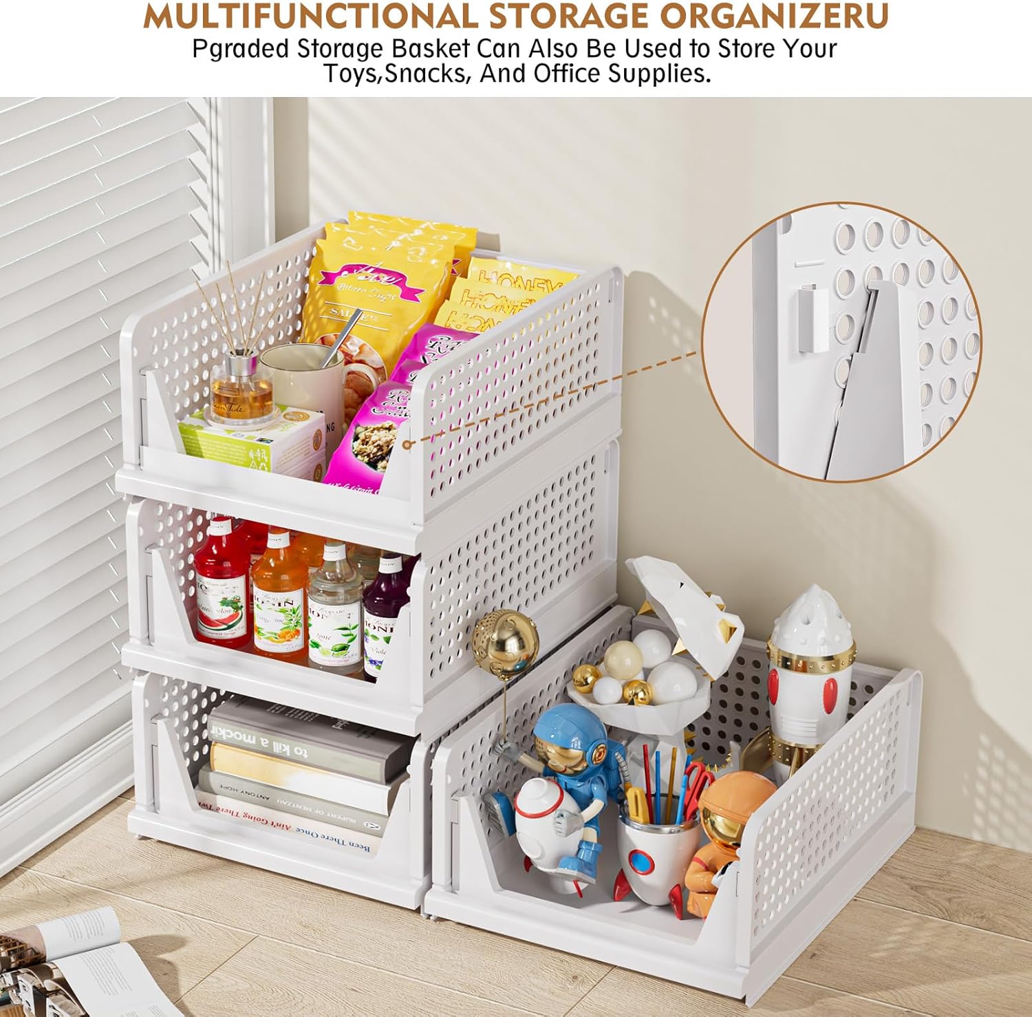 SNSLXH Stackable Closet Storage Baskets - Multifunctional & Foldable Organizer for Bathroom, Kitchen, Laundry | White, 5-Pack
