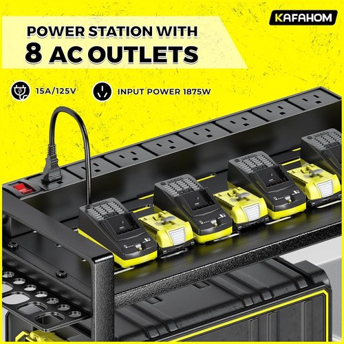 KAFAHOM Power Tool Organizer - Wall-Mounted Storage with Charging Station & 8 Drill Holders | Tool Battery Rack