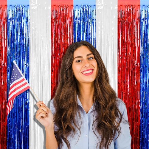 Foil Fringe Curtain Backdrop by [Brand Name] - 4 Pack 3.2Ft x 9.8Ft Red, Blue & White Metallic Streamers for Parties