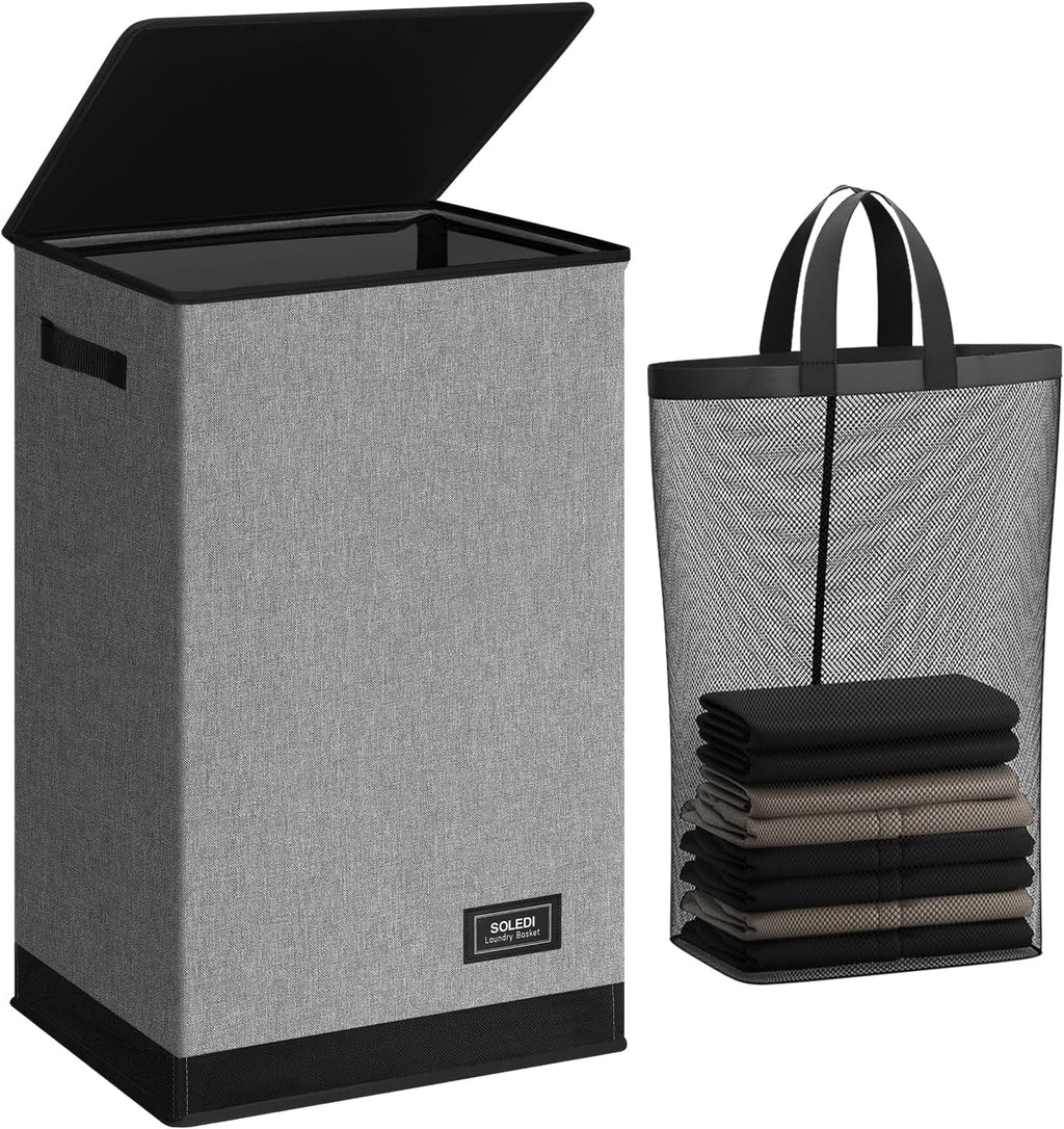 SOLEDI Laundry Hamper - 90L Large Collapsible Basket with Lid & Removable Bag - Grey