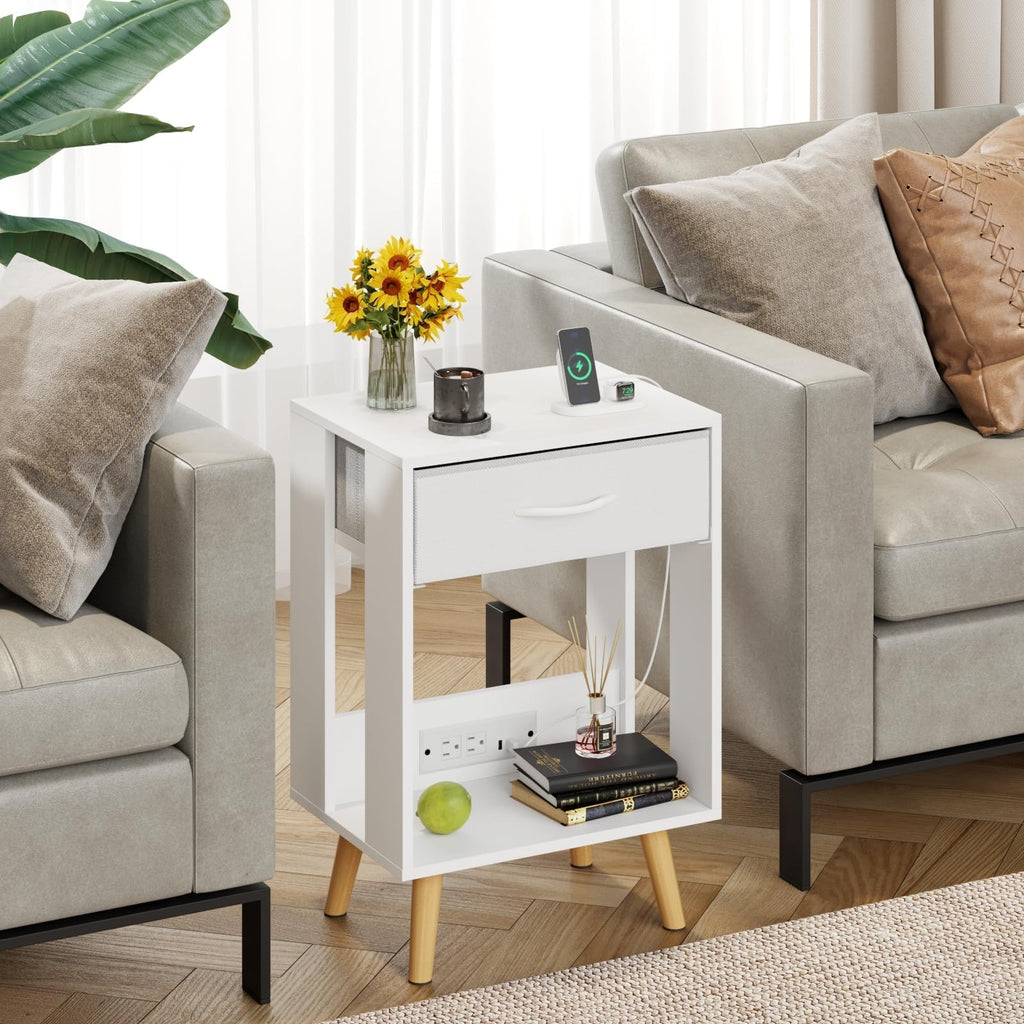 GYIIYUO Nightstand with Charging Station and Fabric Drawer, Side Table with Storage for Bedroom, Night Stand with Open Wood Shelf for Bedroom, Bedside Tables - White