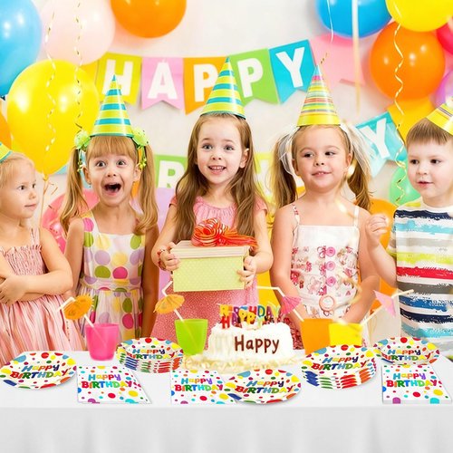 50 PCS Happy Birthday Paper Plates and Napkins Serve 25, 9 inches Colorful Polka Dots Cake Dessert Plates Disposable Dinnerware Tableware Table Decor Decorations for Dinner Bday Party Supplies