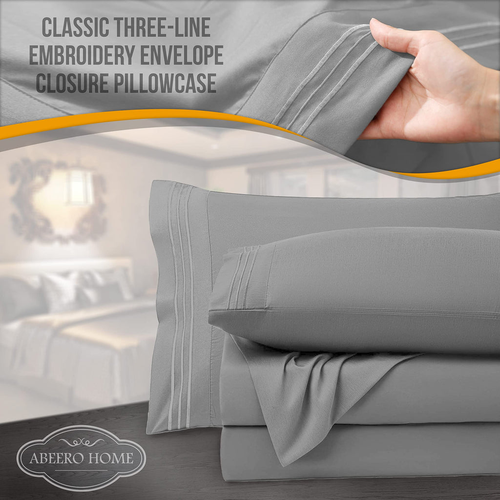 Abeero Home Twin Sheets Set - Luxury Hotel Bed Sheets - Soft Cooling Sheet with Elastic Corner Straps - Deep Pocket Microfiber Bedsheet - Bedding Sheet & Pillowcases -3 PC (Twin Size, Light Gray)