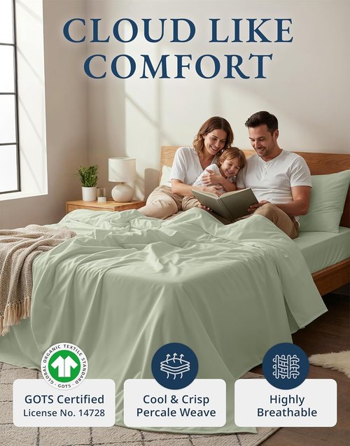 LANE LINEN 100% Organic Cotton Queen Sheet Set - Soft, Breathable Percale Weave | Deep Pocket, Hotel-Quality - Mineral
