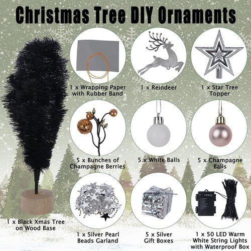 Juegoal 24-Inch Black Mini Christmas Tree - Lighted Tabletop Pine with 50 LED Lights & Timer for Holiday Decor