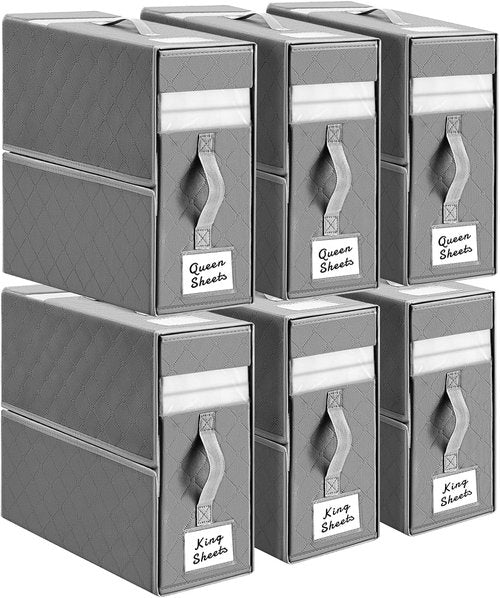 Homsorout Bed Sheet Organizers - Foldable Linen Storage with Window & Labels | XL Grey 6-Pack for Bedding