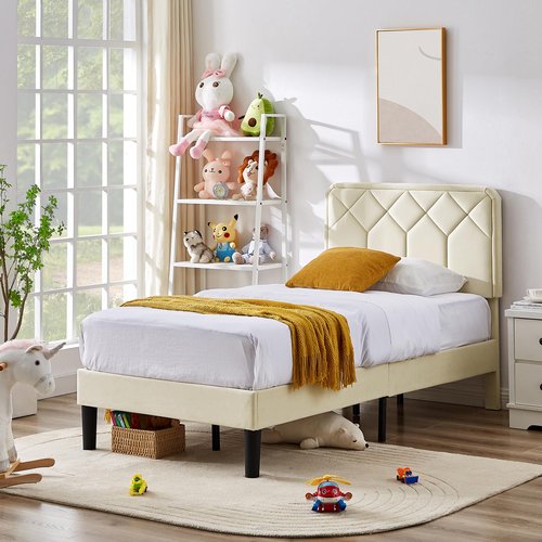 VECELO Twin Size Bed Frame Premium Velvet Upholstered Platform with Height Adjustable Headboard/Mattress Foundation, Solid Wooden Slat Support, No Box Spring Needed/Easy Assembly