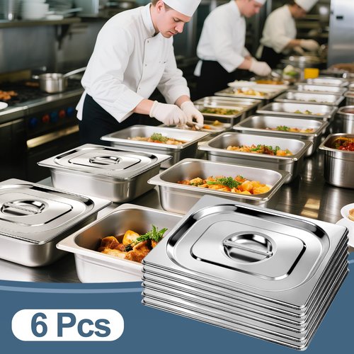 6 Packs 1/2 Half Size Hotel Pan Lids, 12.9''L x 10.6''W Stainless Steel Steam Table Pan Lid with Handles, Metal Hotel Pan Covers for Home, Buffet, Cafeteria, Commercial Restaurant