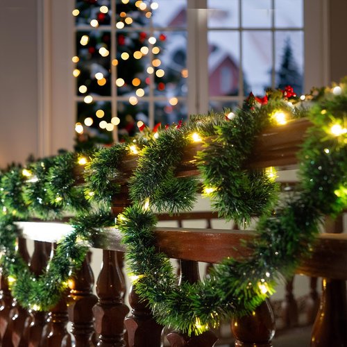 2 Pack Christmas Garland with Lights, Total 38 Feet 80 Led Lighted Pre-Lit Long Garlands for Stairs Railing Fireplace Mantle Door Battery Operated Frame Decor Green Greenery Indoor Outdoor Decorations