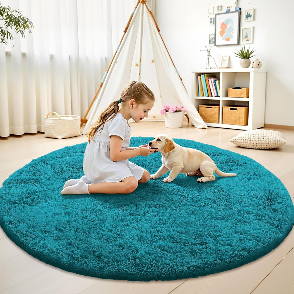 OLANLY Teal Round Area Rug - Soft, Fluffy, Machine Washable 9 ft Circle Carpet for Bedroom & Living Room