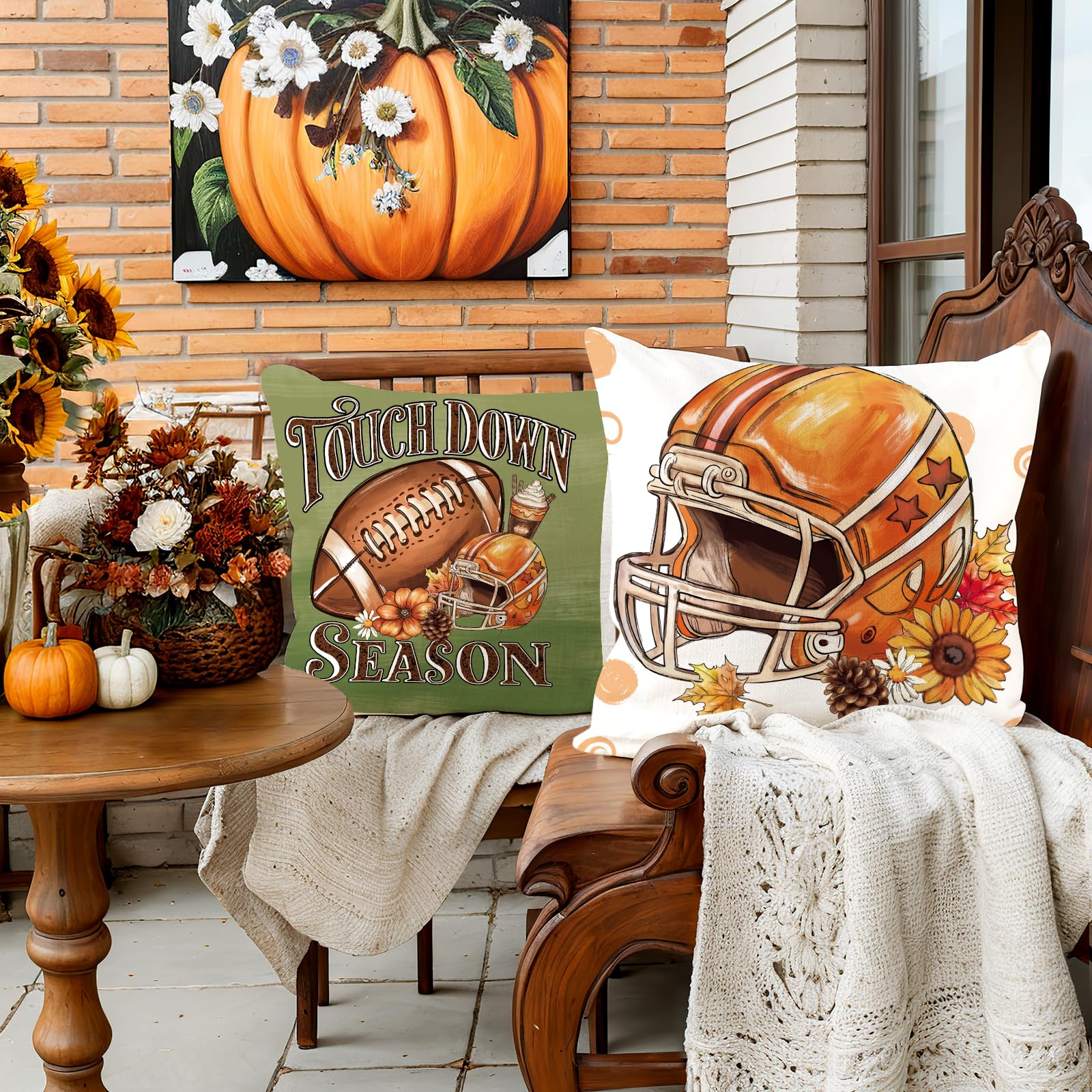 SEGXCFL Fall Pillow Covers 18x18 Set of 4,Football Velvet Throw Pillows Farmhouse Autumn Pillowcases Decorative Home Decor for Couch Sofa, Porch Bed Living Room Fall Home Decorations