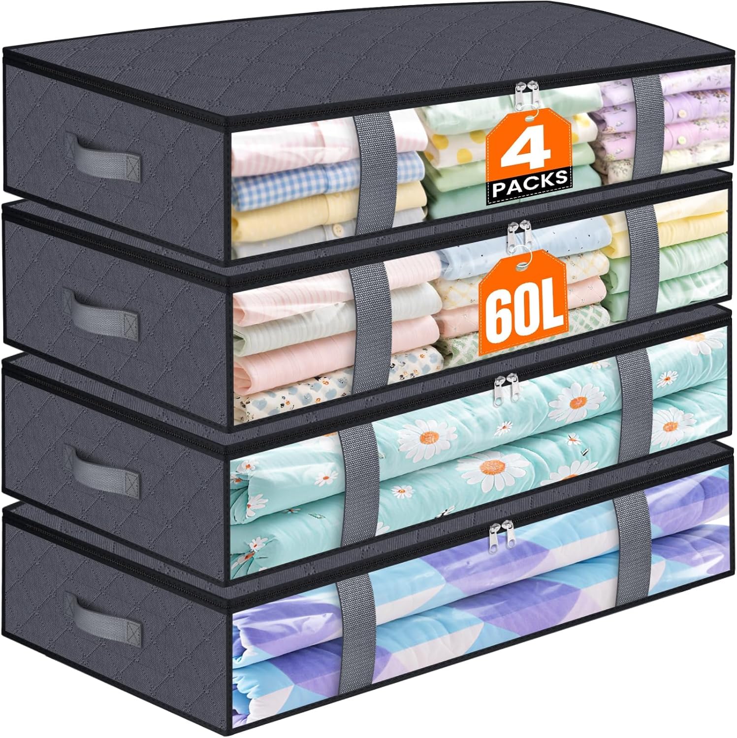TasticTotes Under Bed Storage Containers - 4 Pack Collapsible Bags with Clear Front | 60L Grey for Clothes & Blankets