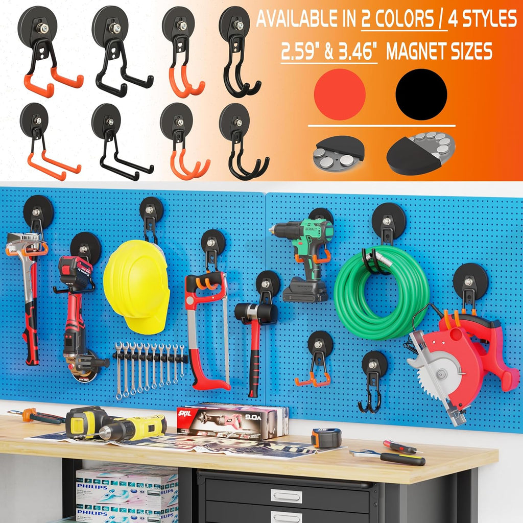 ULIBERMAGNET Heavy Duty Magnetic Hooks - Strong 3.46 Inch Hooks for Cables, Tools & More | 2 Pack (Orange)
