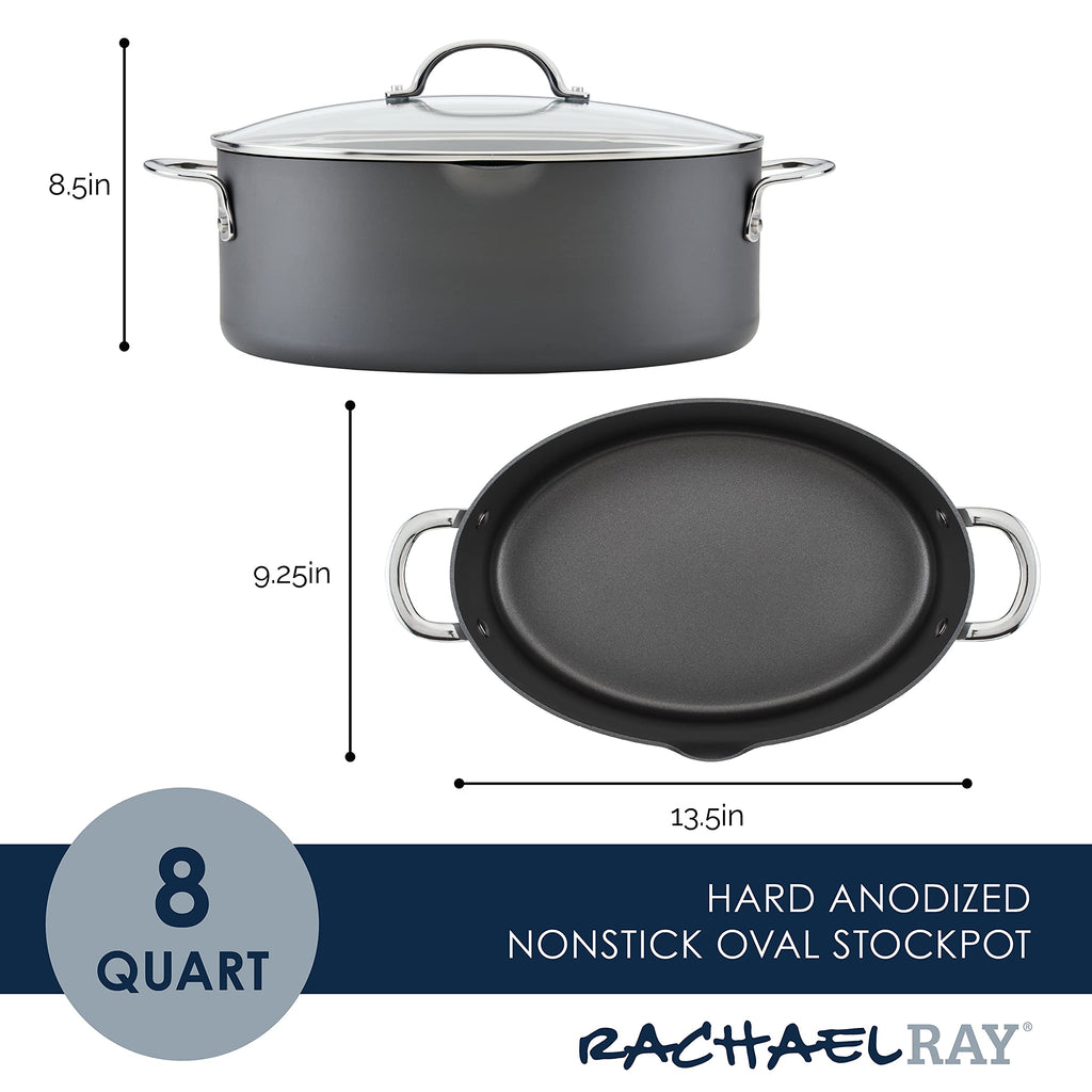 Rachael Ray 80090 Professional Hard Anodized Nonstick Cookware Oval Pasta Pot/Braiser, 8 Quart - Gray