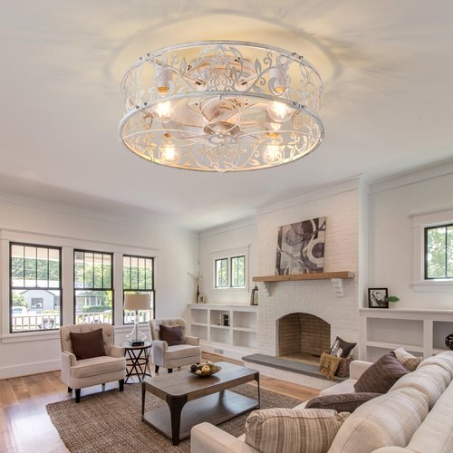 Garwarm 20" Caged Ceiling Fan With Light, Flush Mount Bladeless Fandelier With Remote, Small Low Profile for Bedroom, Kitchen, Dining Room, White Gold
