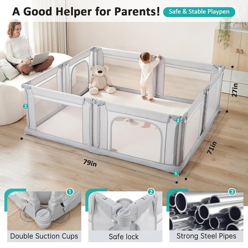 Doradotey Baby Playpen - Adjustable Large Playard for Toddlers | Foldable Indoor Play Center, Light Grey 180x200x68cm