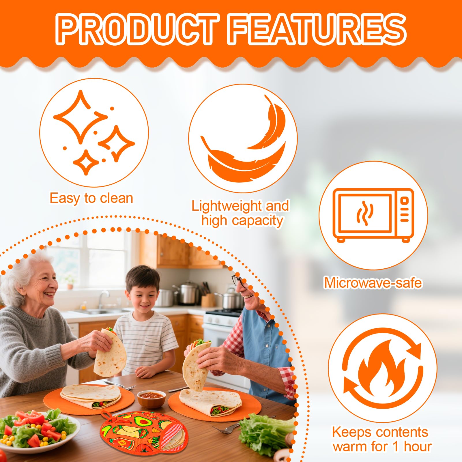 1 Pcs 12 Inch Tortilla Warmer Pouch,Orange Microwave Tortilla Warmer Fabric Pouch,Microwavable Insulated tortilla Holder,Keeps Naan and Pizza Rolls Warm for One Hour,Outlasting Ideal for Family Feasts